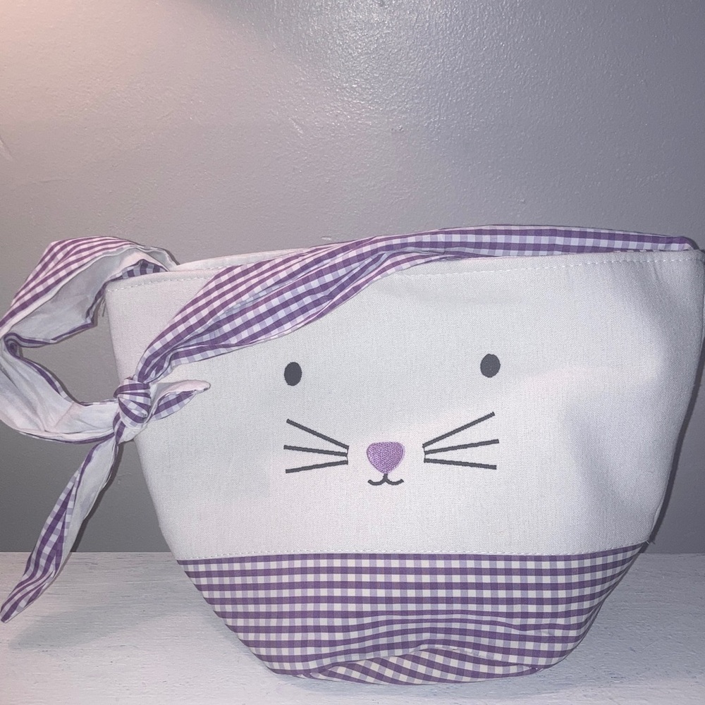 Bunny Face Purple and White Gingham Embroidered Basket Handbag